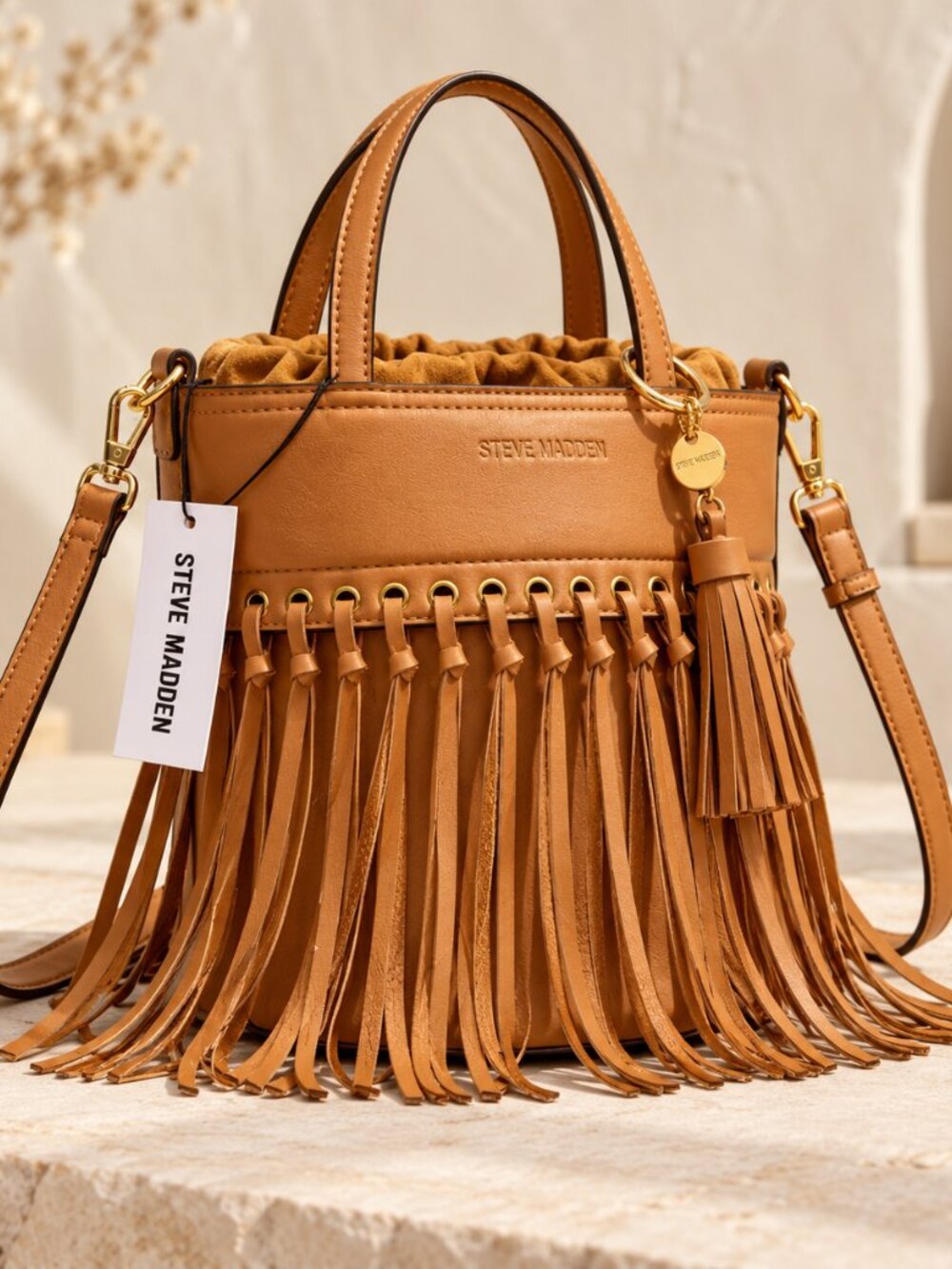 Steve Madden Boho Fringe Bucket Bag Crossbody Purse Tan NWT